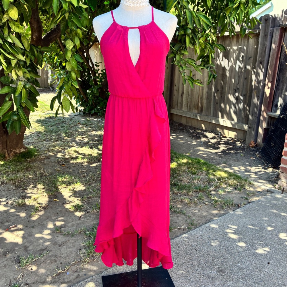 Fortune + Ivy Magenta Pink High Low Ruffle Maxi Dress Halter Neck Small